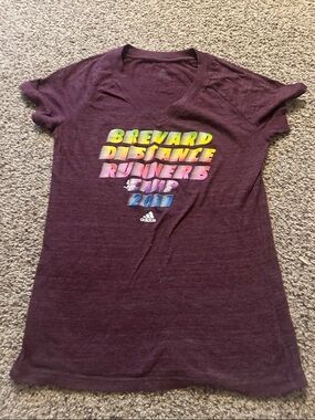 adidas Maroon V-Neck Tee with Multicolor Brevard Distance Runners Graphic